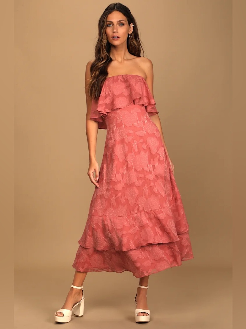 Lulus NWT Love You So Truly Rusty Rose Burnout Floral Strapless Midi Dress
